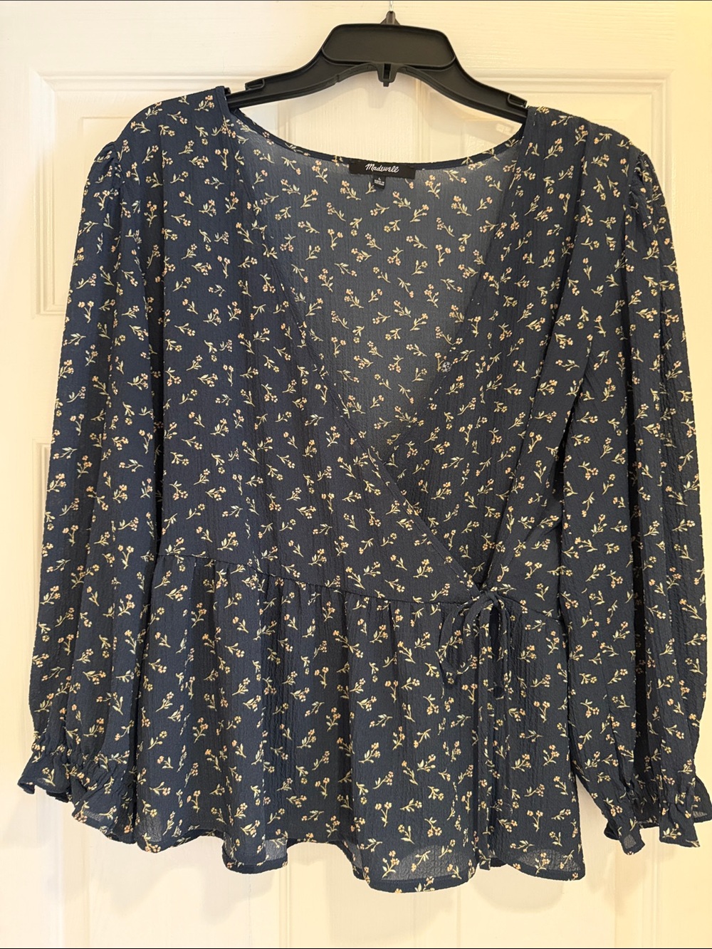 MADEWELL Navy Floral Tie-Waist Peplum Blouse
